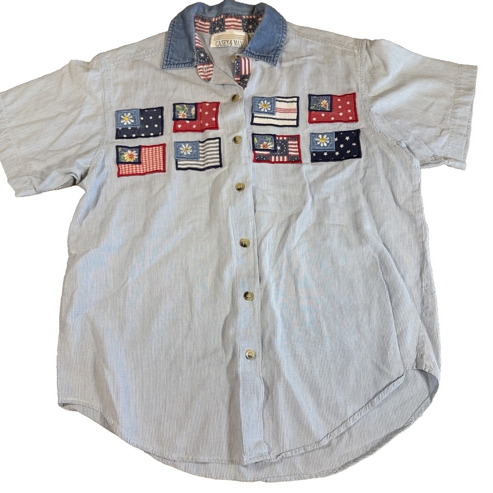 Casey & Max VTG Americana Patriotice Embroidered Button Down Shirt Womens M